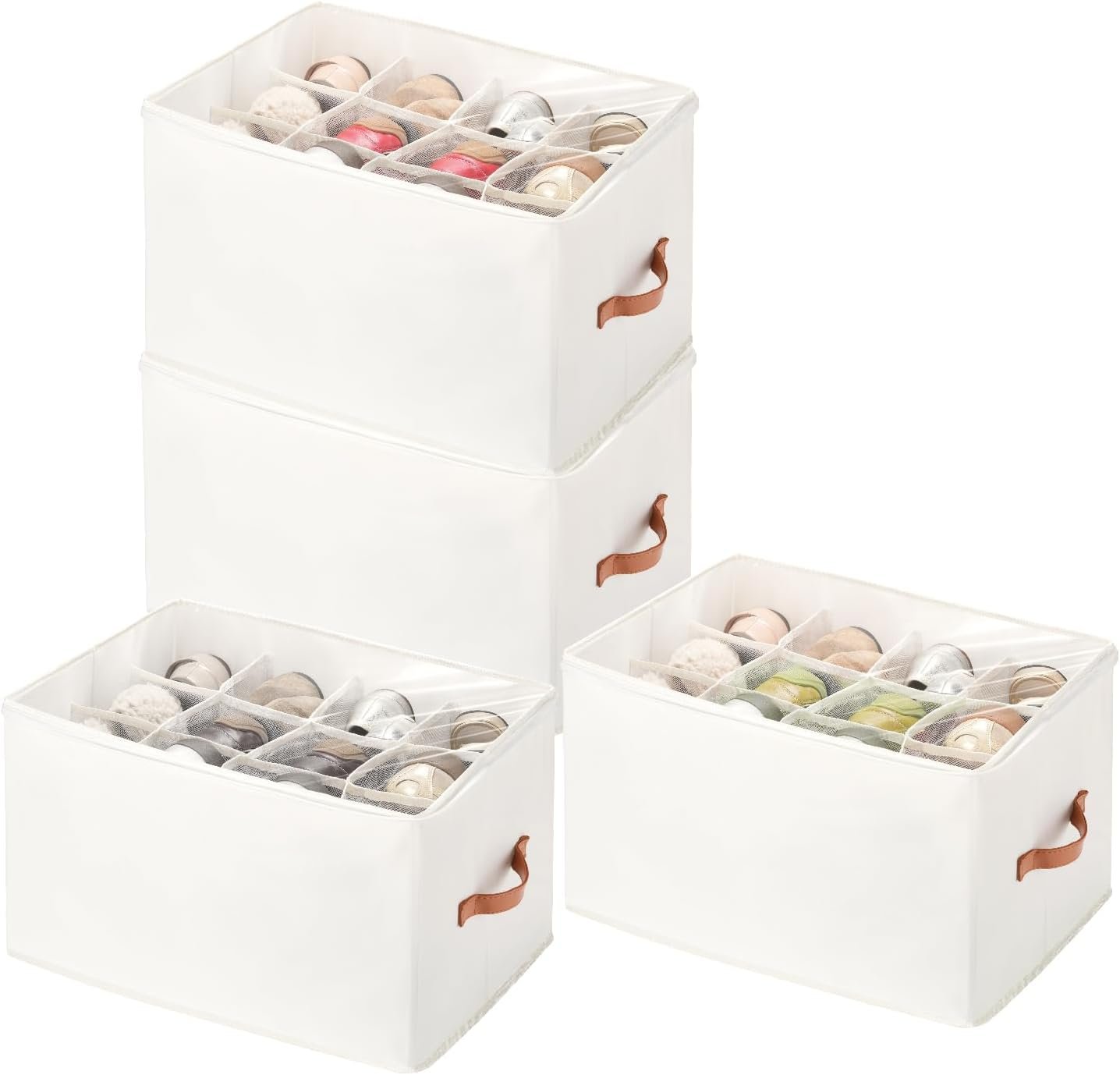 4 Pack Shoe Organizer for Closet - with Transparent Cover and Sturdy Handles shoe storage - Foldable Shoe Storage Containers