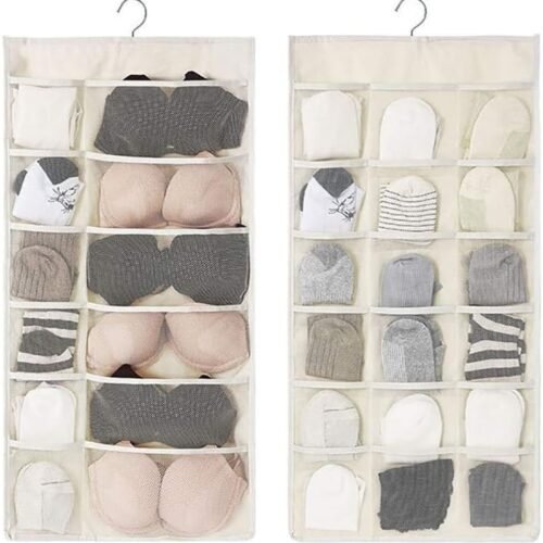 Closet Hanging Organizer with Mesh Pockets & Rotating Metal Hanger,Dual Sided Wall Shelf Wardrobe Storage Bags,Oxford Cloth Space Saver Bag for Bra Underwear Underpants Socks
