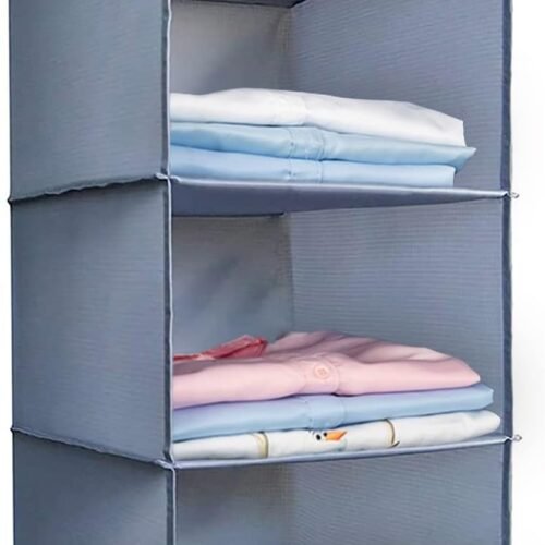 Hanging Closet Organizer 3-Shelf, Oxford Fabric Wardrobe Storage Easy-mount foldable design holds clothes, handbags, shoes & accessories; washable Oxford fabric, sturdy and space-saving.