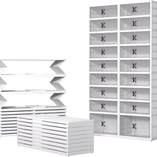 9 Tiers 36 Pairs Foldable Shoe Rack Organizer, Plastic Collapsible Shoe Shelf, Folding Shoe Box Storage Cabinet with Magnetic Clear Door Easy Assembly