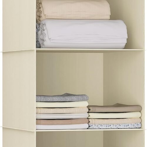 Hanging Closet Organizer 3-Shelf, Oxford Fabric Wardrobe Storage Easy-mount foldable design holds clothes, handbags, shoes & accessories; washable Oxford fabric, sturdy and space-saving.