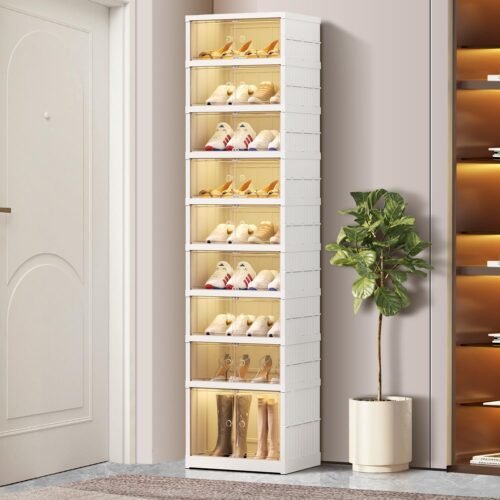 9-Tier Foldable Shoe Rack Organizer for Closet 18Pairs Plastic Shoe Shelf Collapsible Shoes Storage Box Clear Shoe Boxes Stackable with Door Easy Assembly Shoe Cabinet with Lids Large