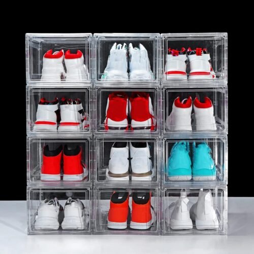 12 Pack Shoe Boxes, Clear Acrylic Plastic Shoe Boxes Stackable, Space-Saving Foldable Drop Front Shoe Storage Boxes Container for With Lids Fits Up to Size 15