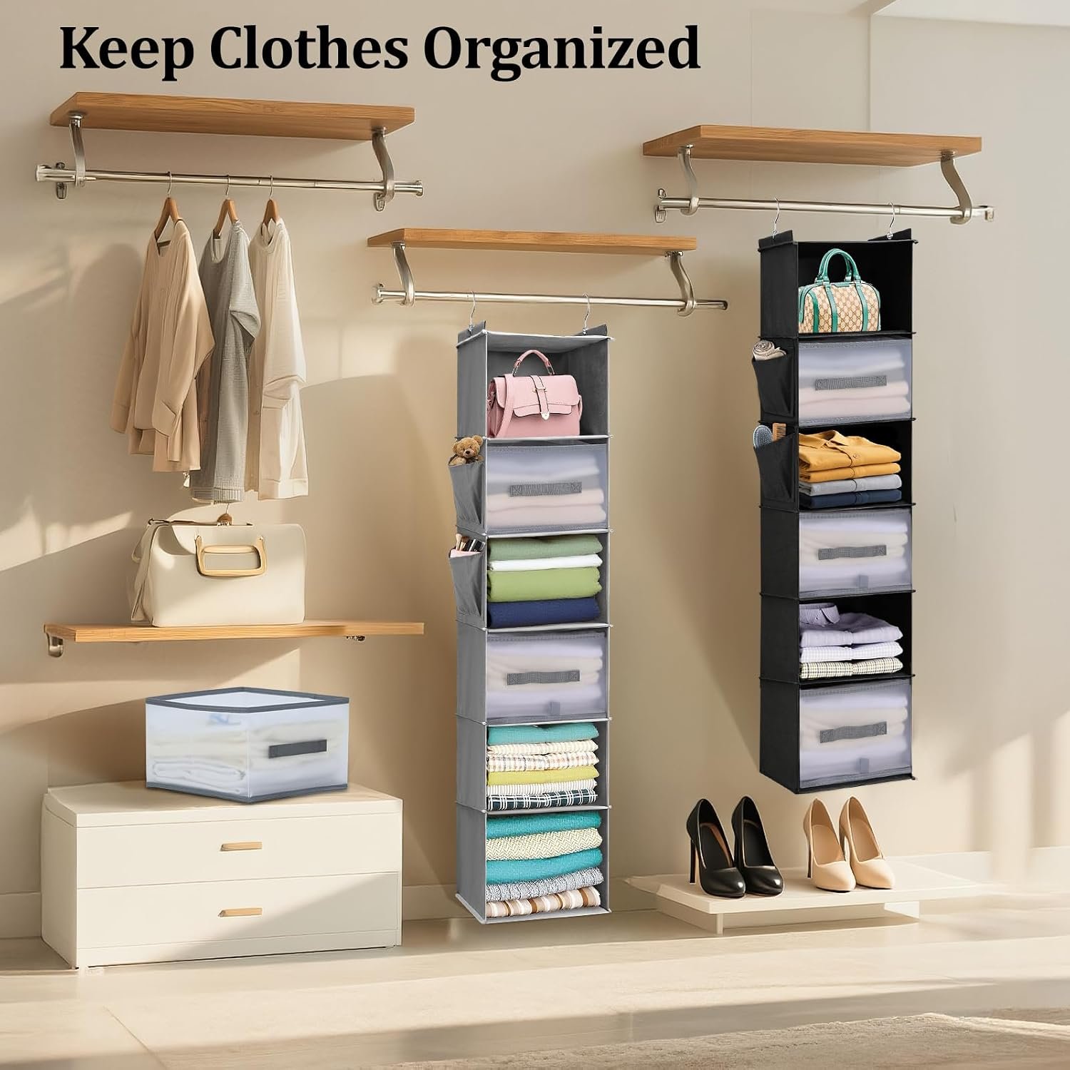 Hanging Closet Organizer and Storage,6-Shelf Closet Hanging Storage Shelves with 3 Drawers,Hanging Camping & Dorm Clothes Organizer - Image 2