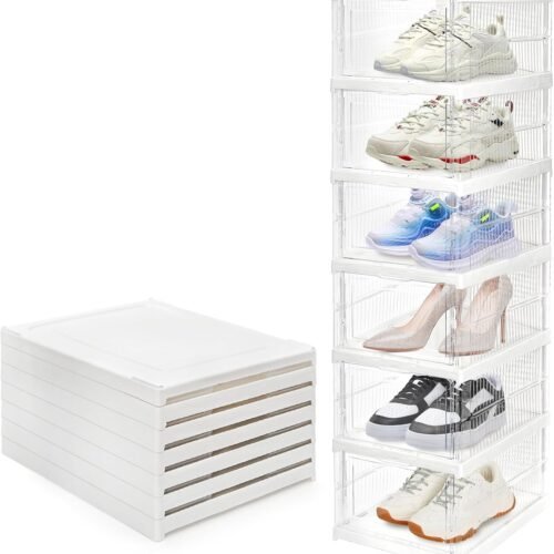 6 Pack Clear Shoe Boxes Stackable, Drop Front Shoe Storage Box, No Assembly Plastic Shoe Organizer Storage Bin with Door, Free Standing Shoe Shelf Cabinet with Lid for Size 13, 13.6x10x7.9