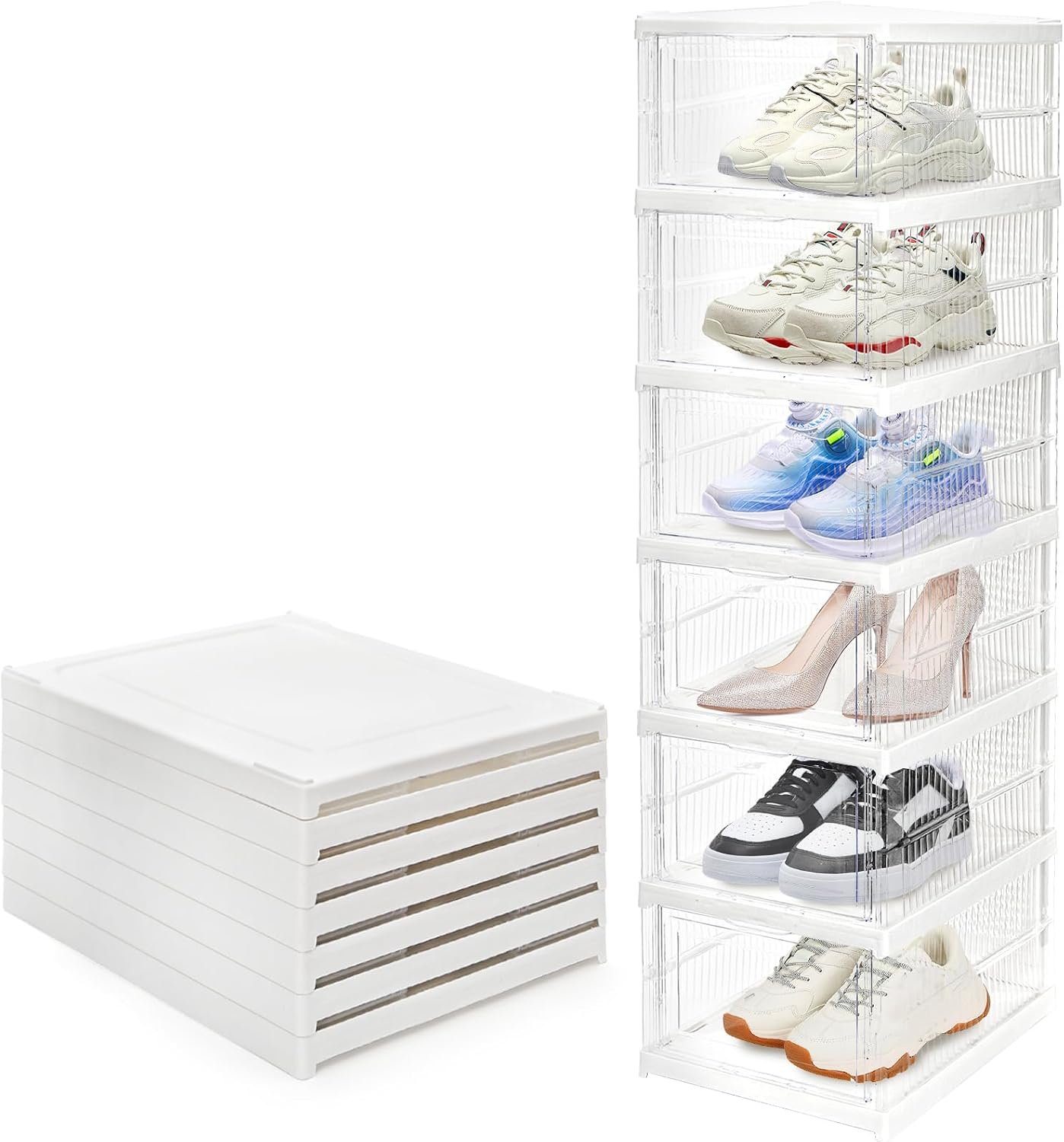 6 Pack Clear Shoe Boxes Stackable, Drop Front Shoe Storage Box, No Assembly Plastic Shoe Organizer Storage Bin with Door, Free Standing Shoe Shelf Cabinet with Lid for Size 13, 13.6x10x7.9