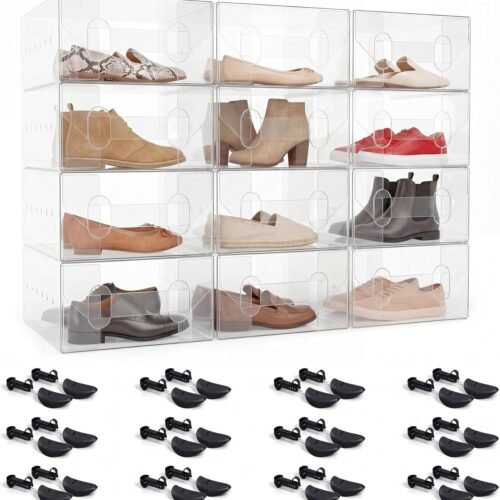 24 Pcs Shoes Storage Set Plastic, 12 Clear Stackable Shoe Boxes & 12 Adjustable Shoe Trees, Foldable Shoes Boxes Stackable Ventilated for Flats Sneakers