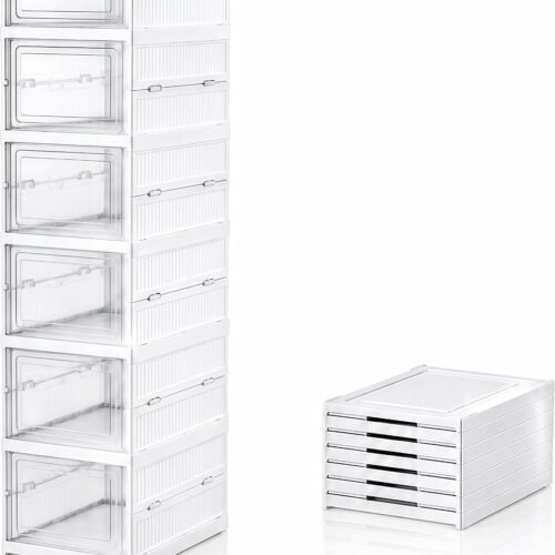 No Assembly Collapsible Shoe Storage, 6-Tier Plastic Shoe Boxes Stackable, Foldable Shoe Storage Organizer with Transparent Doors, Space Saving Shoe Containers for Sneakers, Boots, Ties