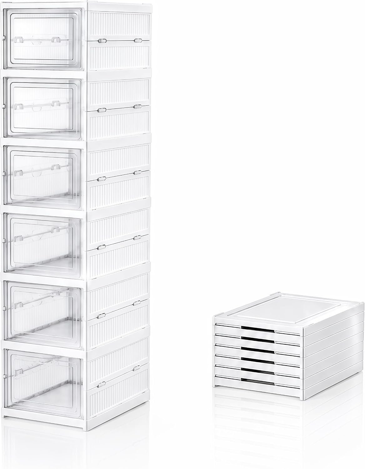 No Assembly Collapsible Shoe Storage, 6-Tier Plastic Shoe Boxes Stackable, Foldable Shoe Storage Organizer with Transparent Doors, Space Saving Shoe Containers for Sneakers, Boots, Ties
