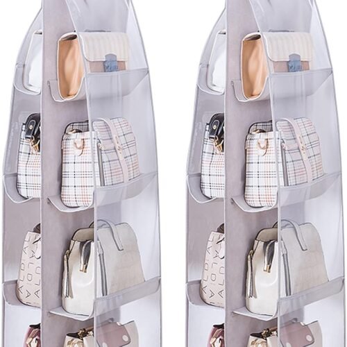 2 Packs Hanging Handbag Organizer for Closet, Purse Storage Holder with 8 Easy Access Clear PVC Pockets, Womens Purse Hanger Bag for Wardrobe Door Wall Space Saving