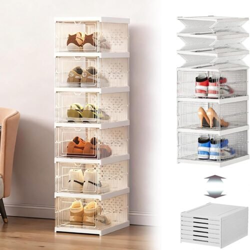 Clear Stackable Shoe Storage Box,No Assembly,6-Tier Foldable Shoe Storage Bins with Lids,Transparent Free Standing Plastic Dustproof Shoe Containers Bins for Men and Women