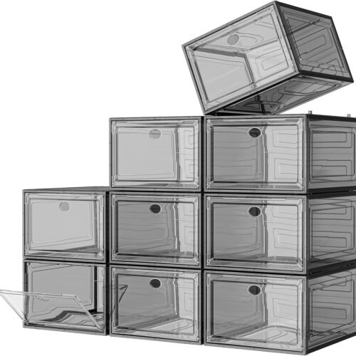 Large Clear Shoe Boxes Organizer??Thicker Material?? Stronger Shoe Box with Magnetic Door, Stackable Shoe Storage Box for Closet, Foldable Space-Saving Storage Bins Shoe Cabinet, 9-Pack