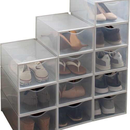 Set of 12 Stackable Shoe Boxes  Customizable  Fits Size 11 Shoes  Drop Front Design  Closet Storage  Sneakers  Heels  and