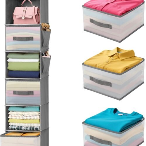 Hanging Closet Organizer and Storage,6-Shelf Closet Hanging Storage Shelves with 3 Drawers,Hanging Camping & Dorm Clothes Organizer