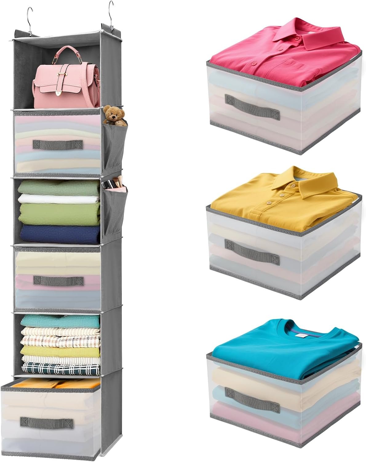 Hanging Closet Organizer and Storage,6-Shelf Closet Hanging Storage Shelves with 3 Drawers,Hanging Camping & Dorm Clothes Organizer