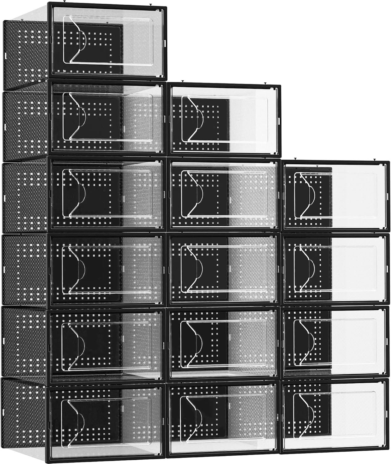 15 Pack Shoe Storage Organizer Box Container Clear Plastic Stackable Interlocking Design, Sturdy Dustproof Breathable, Fits Men's Size 9 Women's Size 10, for Closet Entryway Under Bed