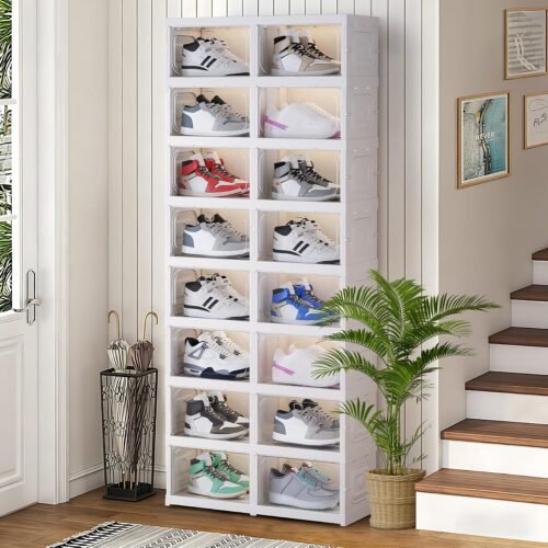 Shoe Box Foldable Storage Box Installation-free Clear Plastic Stackable Shoe Storage Cabinet Shoe Organizer Shoe Container Box with Lids Large Size Shoe Rack