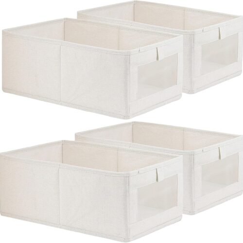 4 Pack Linen Storage Bins, Storage Containers for Organizing Clothing, Jeans, Toys, Books, Shelves, Closet, Wardrobe - Closet Organizers and Storage, Large Storage Boxes Baskets with Window