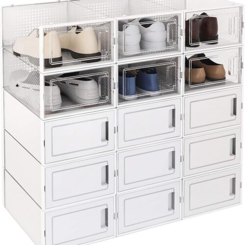 15 Pack Foldable Clear Plastic Stackable Storage Shoe Box Storage Sneaker Containers Storage Bins Shoe Storage Organizer Drawer Fit to Men US Size 9