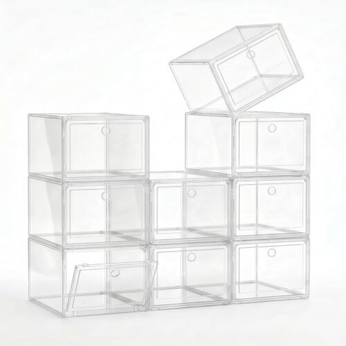 Clear Stackable Shoe Boxes 9 Pack, Foldable Magnetic Door Shoe Storage Containers, Thick Sturdy Shoe Organizer Bins for Household Closet and Small Space