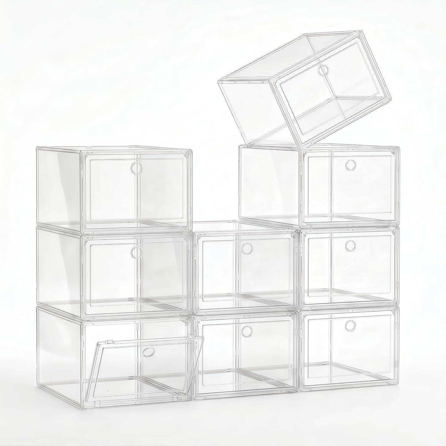 Clear Stackable Shoe Boxes 9 Pack, Foldable Magnetic Door Shoe Storage Containers, Thick Sturdy Shoe Organizer Bins for Household Closet and Small Space